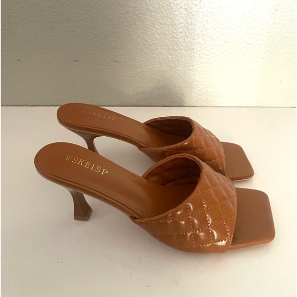 WSKEISP woman’s quilted slip on heeled mules Square open toe tan brown size 43 - Picture 4 of 14